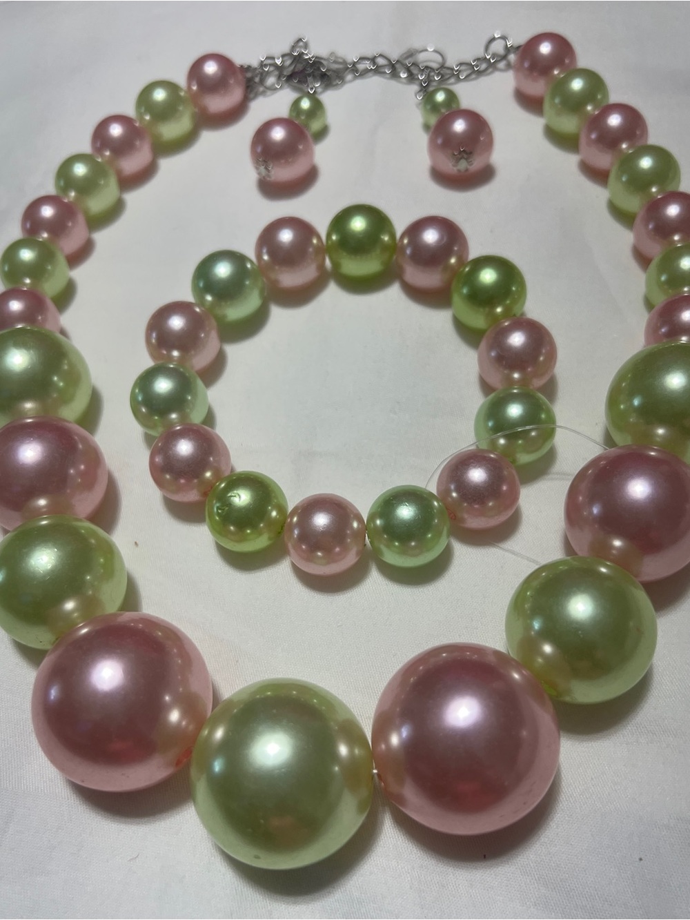 Pearlescent Pink and Light Green Bead Necklace & Bracelet Set - Women Jewelry